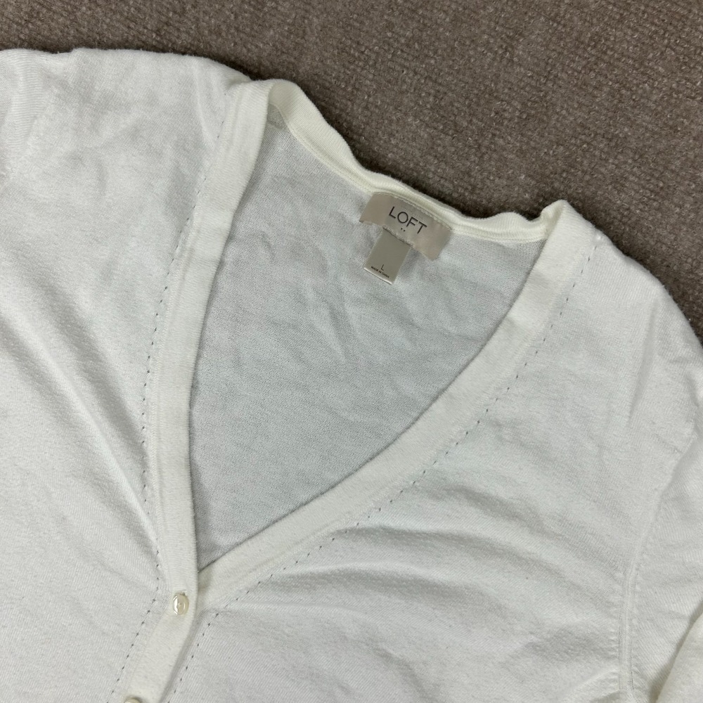 LOFT Cardigan Sweater Womens Large White Knit Cotton Stretch Button Front V-Neck